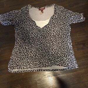 Zena Jeans Womens XL LeopardPrint V-Neck Layered Look Cotton T-Shirt Black White